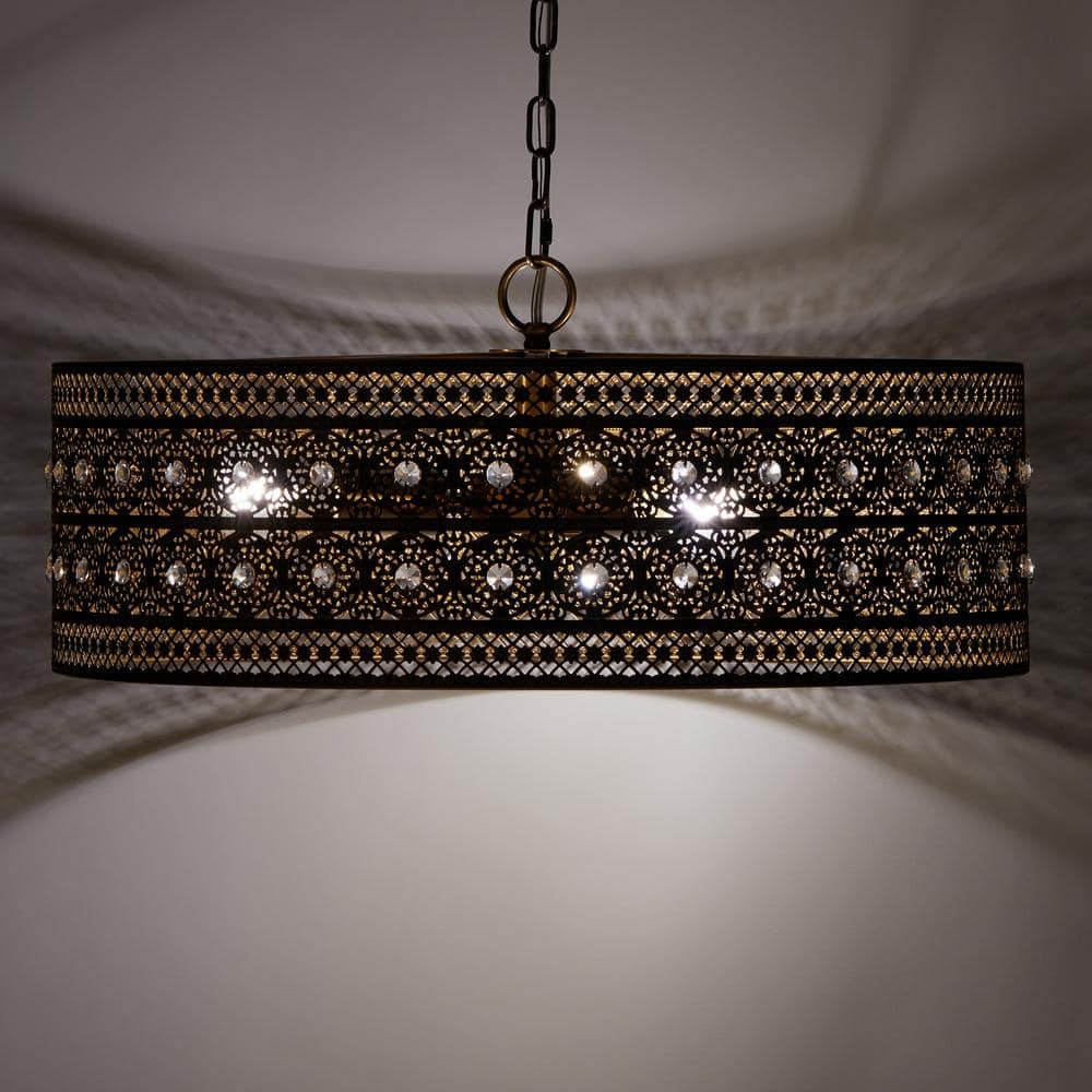 Elegant Brass and Crystal Drum Chandelier, 26" Glam Pendant Light