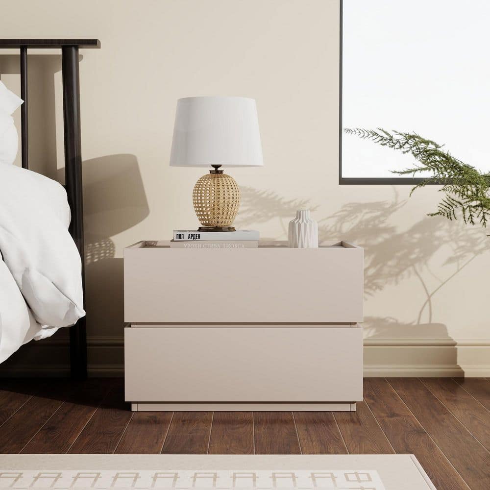 2-Drawer 23.6 in. Walnut Wooden Nightstands Modular Stackable Bedside Table for Bedroom - thumbnail 6