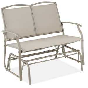 Taupe 2-Person Metal Outdoor Glider, Patio Loveseat, Fabric Bench Rocker for Porch with Armrests