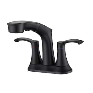 4 in. Centerset Double Handle High Arc Bathroom Faucet with Pull Out Sprayer in Matte Black