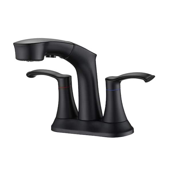 PROOX 4 in. Centerset Double Handle High Arc Bathroom Faucet with Pull Out Sprayer in Matte Black