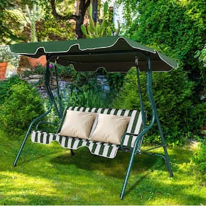 3-Person Green Steel Frame Patio Canopy Swing Hammock with Green/White Cushion
