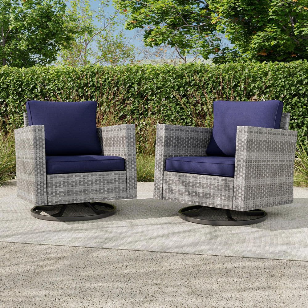 2-Piece Patio Sofa Set Gray Wicker Furniture Set Swivel Rocking Sofa Outdoor Rocking Chair with Navy Blue Cushion price history on PriceWatchPro