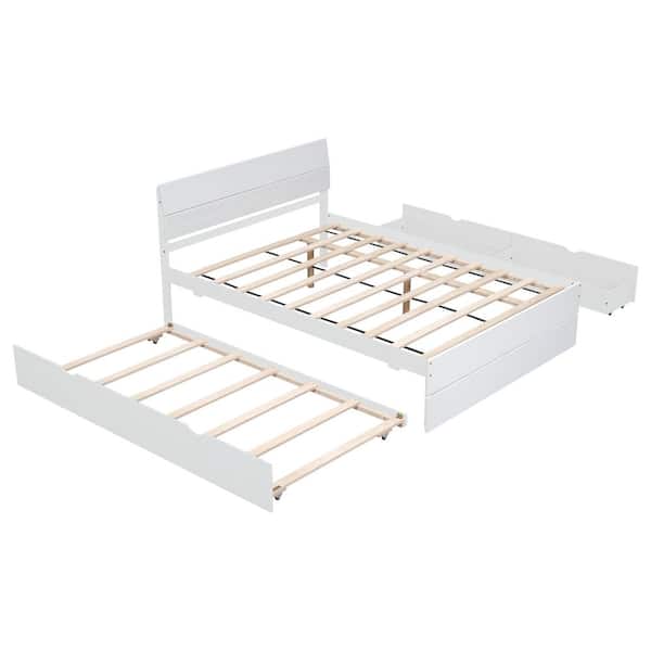 Qualler White Wood Frame Full Size Platform Bed with Twin Size Trundle and 2 Drawers