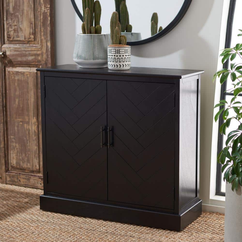 Black Wood and Metal Herringbone Storage Accent Cabinet