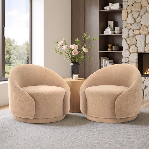 Modern Light Brown Boucle Polyester Upholstered 360° Swivel Accent Barrel Chair (Set of 2)