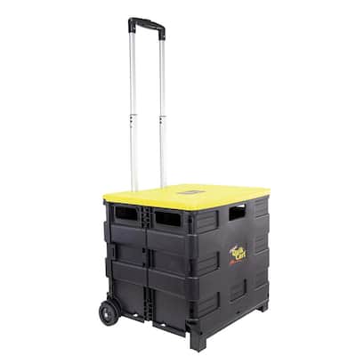 Quik Cart Collapsible Rolling Crate on Wheels for Teachers Tote Basket Used as a Seat Yellow Lid