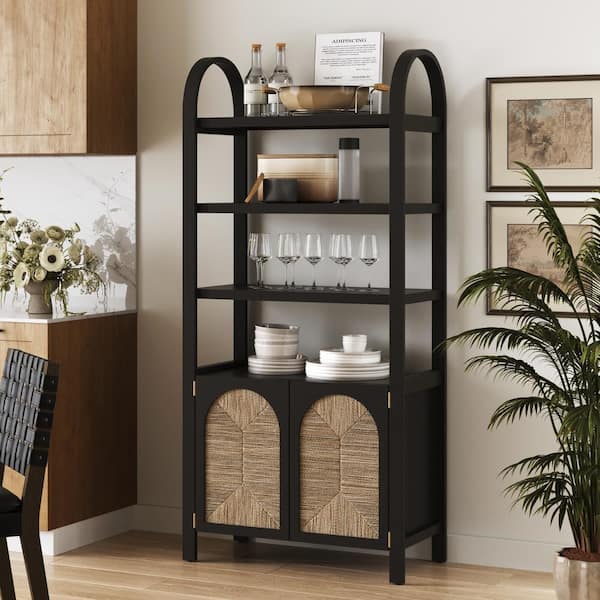 Nathan James Leah 71 in. Tall Black Solid Wood Boho 3-Shelf Accent Bookcase Cabinet with Arched Frame and Natural Seagrass Doors