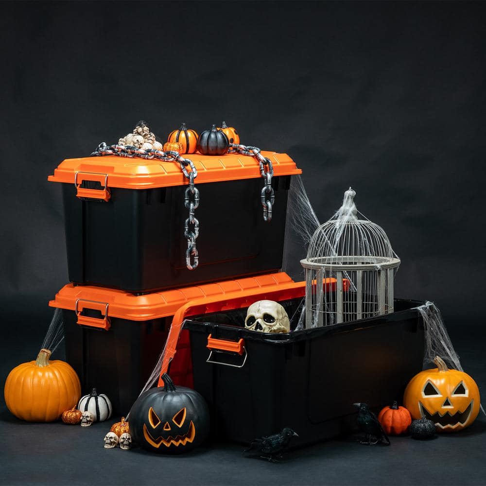 21 Gallon Black and Orange Heavy-Duty Plastic Storage Bins, 3 Pack