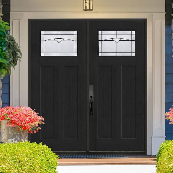 Regency 72 in. x 80 in. 1/4 TopL Horizon Glass RHIS Onyx Fir Fiberglass Double Prehung Front Door with 6-9/16 Jamb