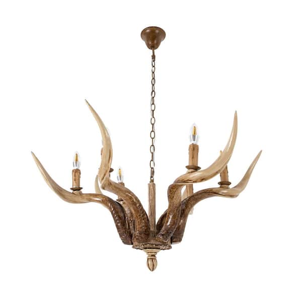 OUKANING 6-Light Brown Vintage Rustic Antler Chandelier with Adjustable Height for Living Room Dining Room, No Bulbs Included