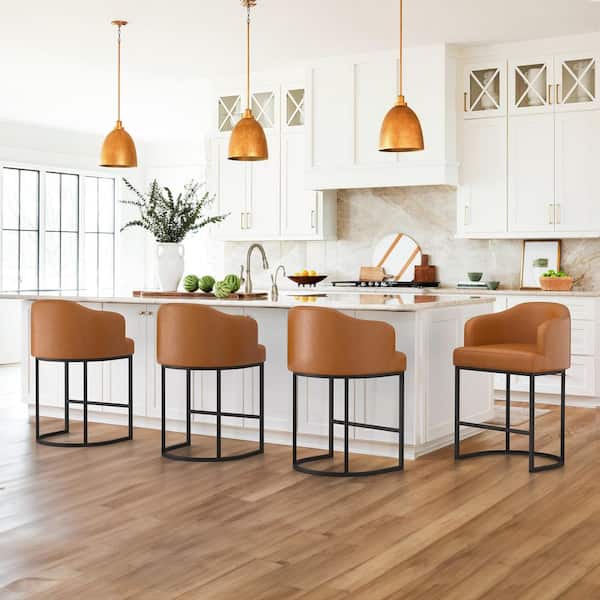 35.2 in. Modern Brown Faux Leather Upholstered Barrel Counter Stool with Metal Frame Counter Height Bar Stool Set of 4