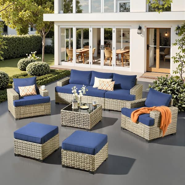 Silvae Gray 8-Piece Wicker Outdoor Sectional Patio Conversation Sets with Single Chair & Navy Blue Cushion and Ottoman