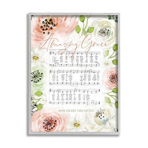 "Amazing Grace Pink Floral Sheet Music Americana" by Jennifer Pugh Framed Religious Wall Art Print 11 in. x 14 in.