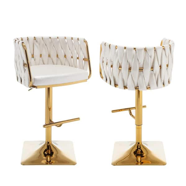 Best Quality Furniture Debra 34 in. Upholstered White Low Back Gold Metal Frame Adjustable Bar Stool with Faux Leather (Set of 2)