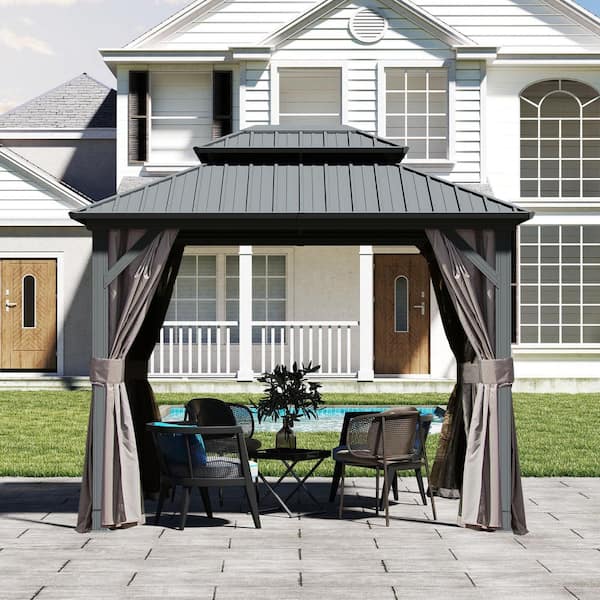 Domi 8 ft. x 10 ft. Galvanized Steel Hardtop Gazebo with Netting and Curtains, Gray