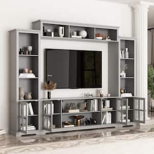 Gray Wood TV Stand Fits TV's up to 75 in. with Top Open Shelves, Bookcase and Tempered Glass Door Cabinet
