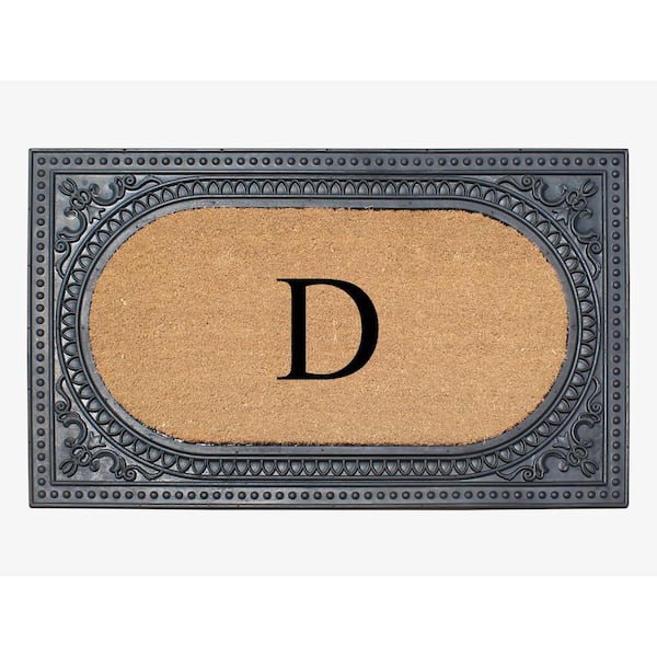 A1 Home Collections A1HC Oval Black/Beige 24 in. x 39 in. Rubber and Coir Heavy Duty Easy to Clean Monogrammed D Door Mat