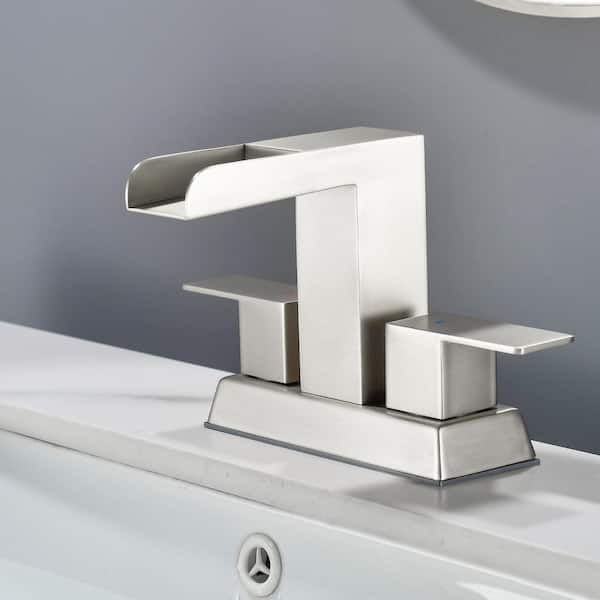 Ami 4 in. Centerset Double Handle Mid Arc Bathroom Faucet with Drain Kit Included in Brushed Nickel