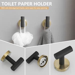 Bathroom Hardware 4-Piece Bath Hardware Set with Towel Ring, Robe Hook, Toilet Paper Holder in Black and Gold