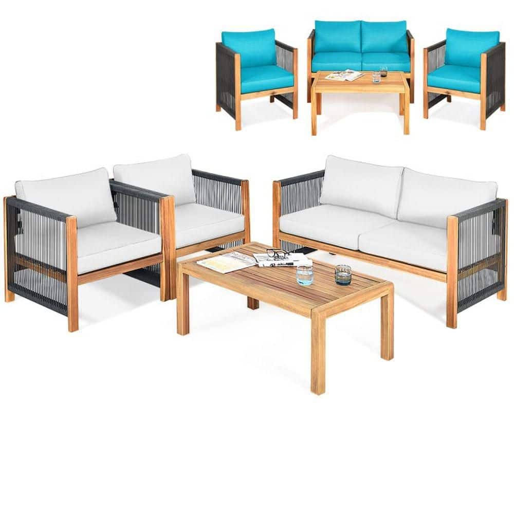 4-Piece Wood Patio Conversation Set with White&Turquoise Cushions for Garden price history on PriceWatchPro