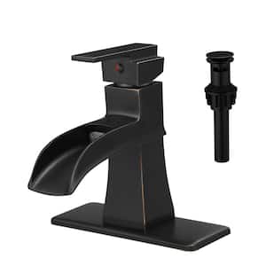 Modern Waterfall Single Handle Single Hole Bathroom Faucet with Deckplate Included and Drain Kit Included in Bronze