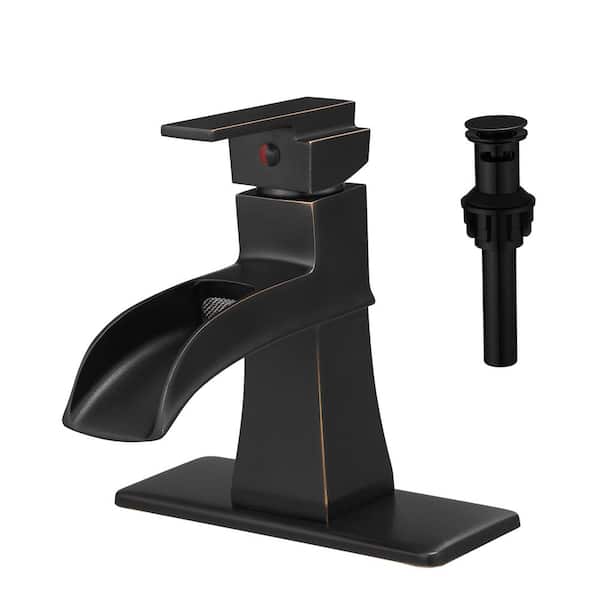 Lukvuzo Modern Waterfall Single Handle Single Hole Bathroom Faucet with Deckplate Included and Drain Kit Included in Bronze