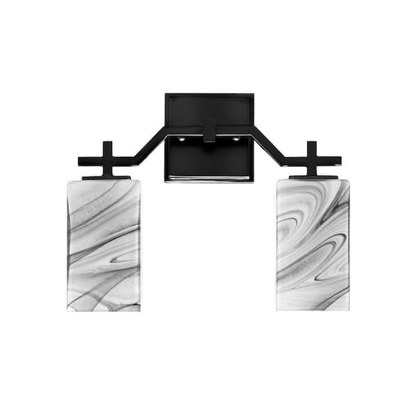 Unbranded Bridgewater 13.5 in. 2 Light Vanity Light Matte Black with 3.5 in. Square Onyx Swirl Glass Shades, No Bulbs Included