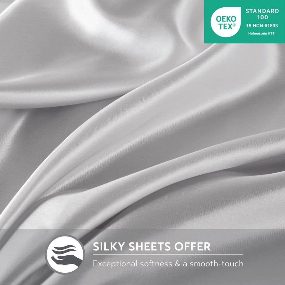 Light Grey Satin California King Sheet Set with Pillow Covers