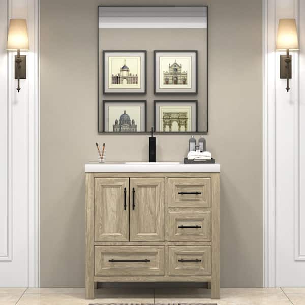 VIV 36 in. W x 20 in. D x 35 in. H Single Sink Freestanding Bath Vanity in Dark French Oak with White Acrylic Top