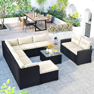 9-Piece PE Rattan Black Wicker Outdoor Patio Conversation Sectional Sofa with Beige Cushions