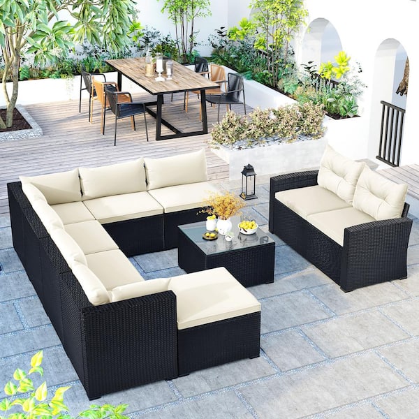 Cesicia 9-Piece PE Rattan Black Wicker Outdoor Patio Conversation Sectional Sofa with Beige Cushions