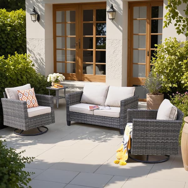 XIZZI Yolanda Gray 4-Piece Wicker Outdoor Rocking Chair Set with Beige Cushions