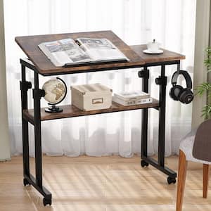 Moronia 31.5 in. Brown Portable Laptop Desk H Adjustable Bedside Table with Tiltable Drawing Board and Wheels