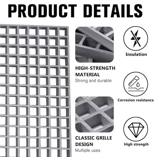 Wellco 2 ft. x 4 ft. x 1 in. Fiberglass Molded Grating, 1.5 in. x 1.5 in. x 1 in., Resin Paver,Gray