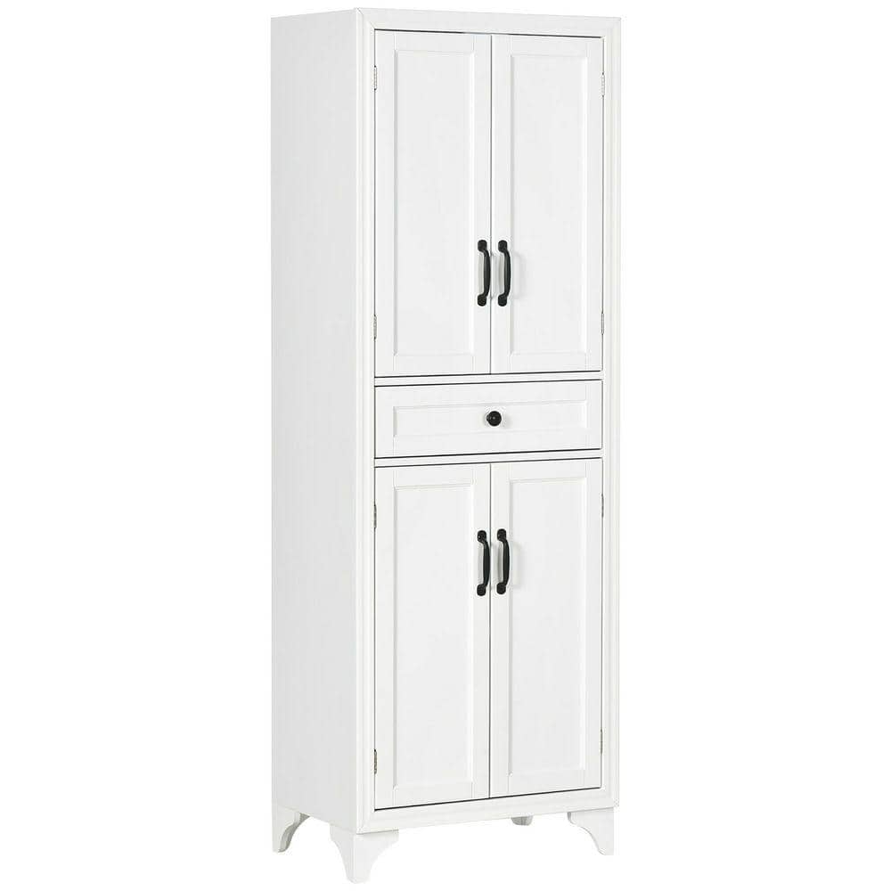 White painted finish with recessed door panels and antique metal hardware Pantry Organizer with Adjustable Shelves