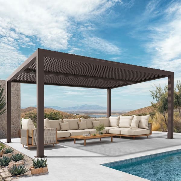 PURPLE LEAF 11 ft. x 15 ft. Bronze Aluminum Frame Patio Hardtop Louvered Pergola with Adjustable Rainproof Roof and In-Built Gutter