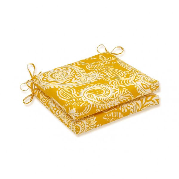 Pillow Perfect Paisley 20 in. x 20 in. 2-Piece Outdoor Dining Chair Cushion in Yellow/Ivory Addie