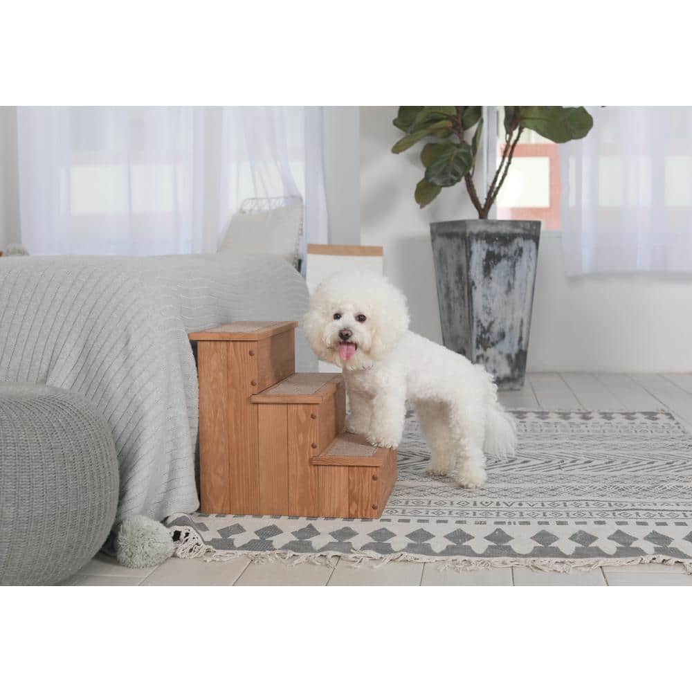 Natural Wood Pet Step with Storage and Carpeted Pads