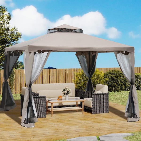 9.6 ft. x 9.6 ft. Taupe Patio Gazebo, Outdoor Canopy Shelter with 2-Tier Roof and Netting, Steel Frame for Backyard