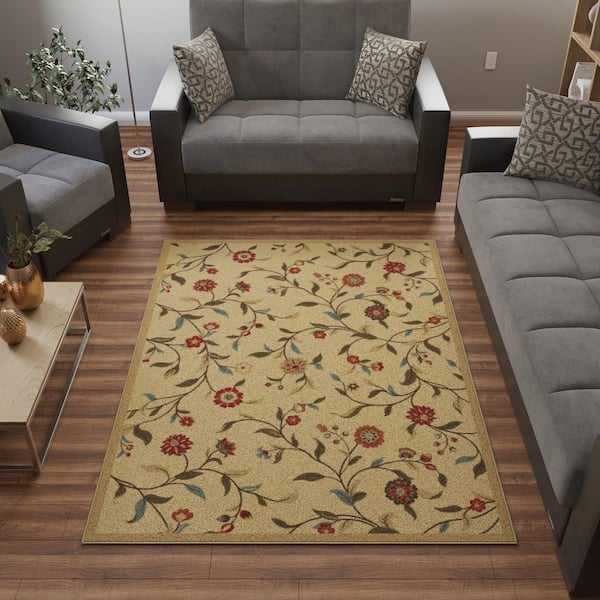 Basics Collection Non-Slip Rubberback Floral Leaves 5x7 Indoor Area Rug, 5 ft. x 6 ft. 6 in., Beige
