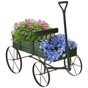 Wooden Wagon Plant Bed in Green with Metal Wheels