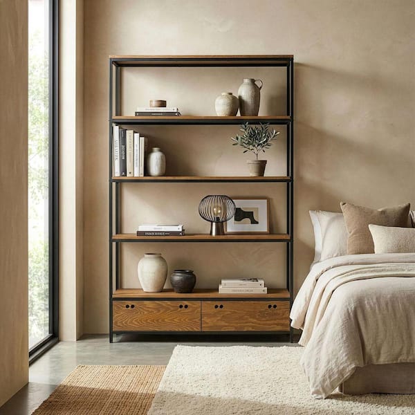 70.75 in. Brown/Black Metal 5-shelf Etagere Bookcase with Drawers