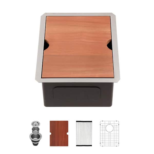17 in. Drop-In/Undermount/Topmount Single Bowl 16-Gauge Stainless Steel Workstation Kitchen Sink with Colander