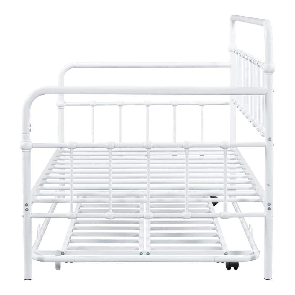 White Metal Twin Daybed with Trundle and Drawer