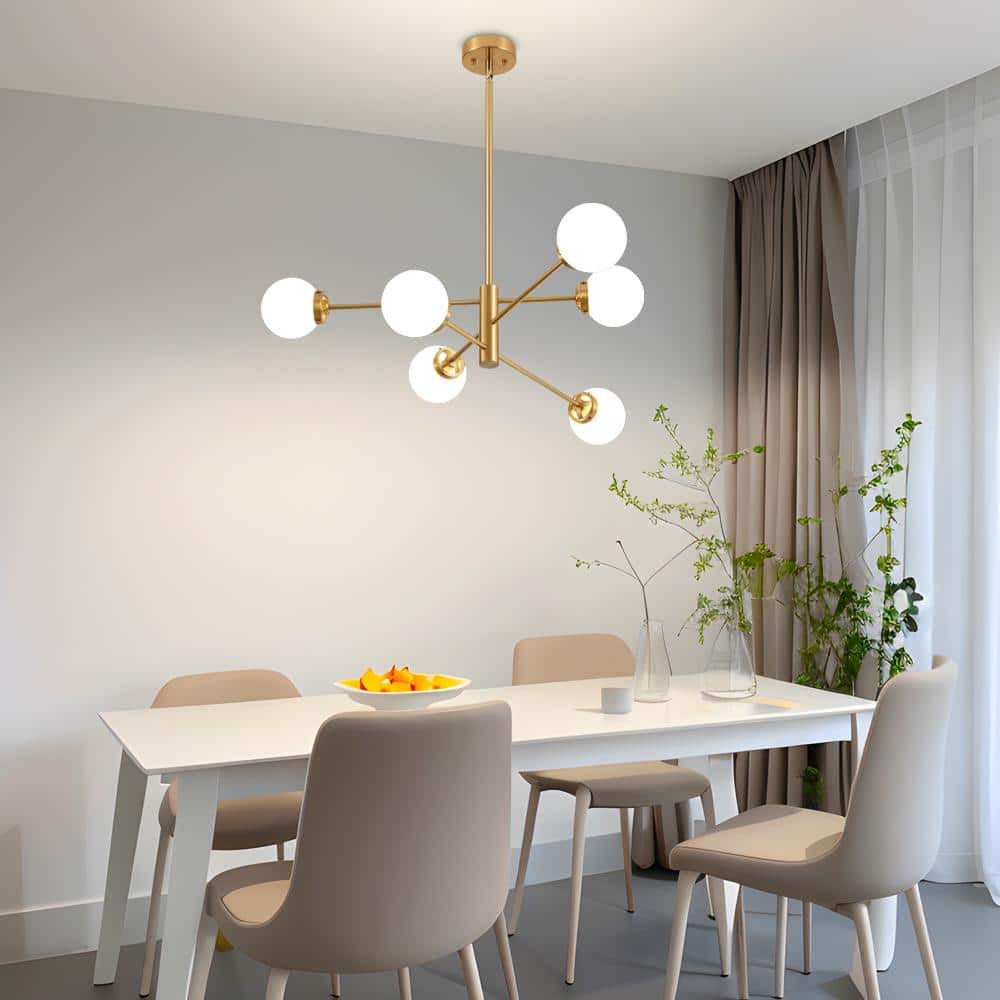 Gold Sputnik 6-Light Chandelier with White Glass Shades