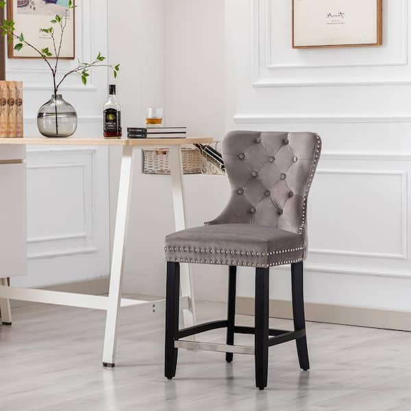Harper 24 in. High Back Nail Head Trim Button Tufted Gray Velvet Counter Stool with Solid Wood Frame in Black