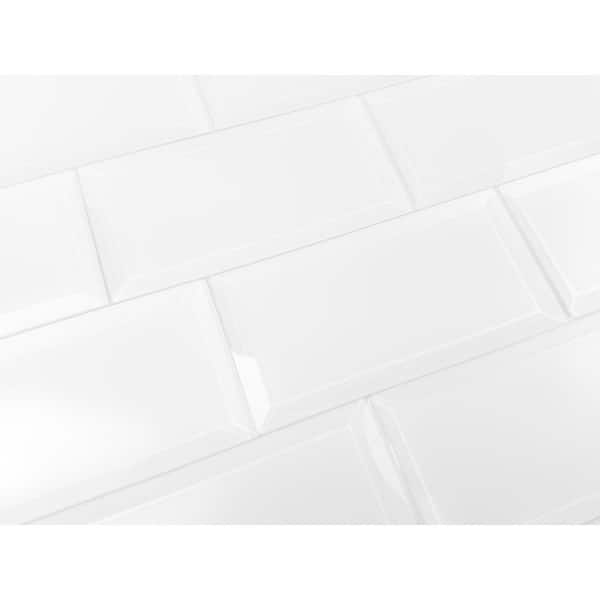 Frosted Elegance Matte White Beveled Subway 3 in. x 6 in. Glass Wall Tile Sample