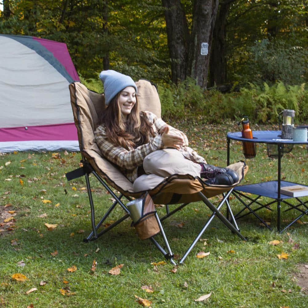 Tan Ultra Padded Folding Camp Chair with Cup Holder