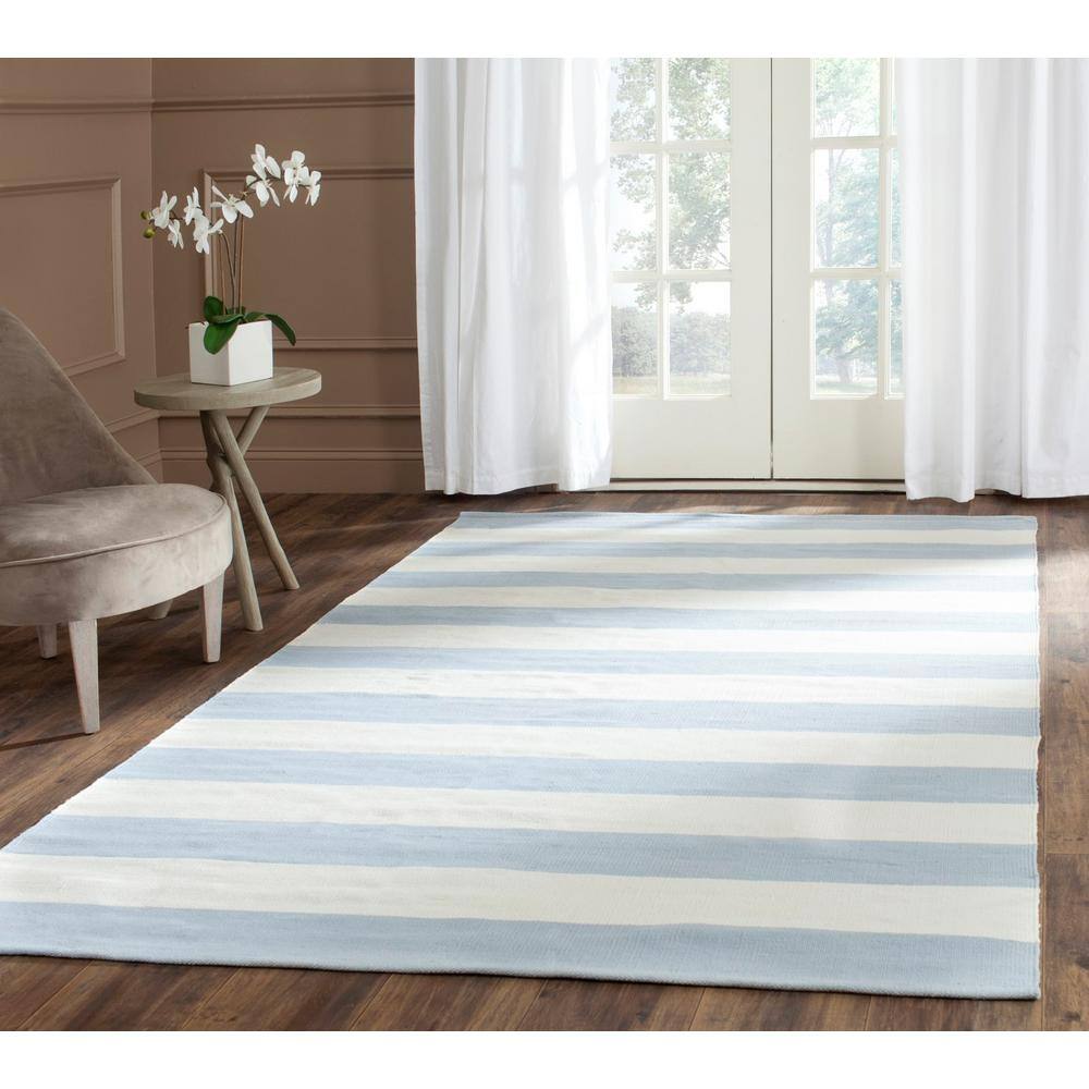 Ivory and Sky Blue Striped Cotton Flat Woven Rug